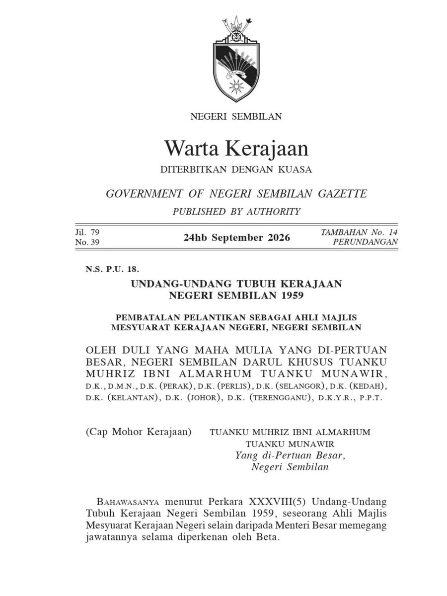 FaktaBukanAuta's tweet photo. Siapa² tak pernah tengok Warta Kerajaan ini dia contohnya - risalah rasmi oleh Kerajaan utk membuat pengumuman penting yg telah disahkan.

Makna kata EXCO Nismilan mencipta sejarah sebagai lantikan tersingkat dan gaji Sept dikira prorate. https://t.co/seUi6gFYr2