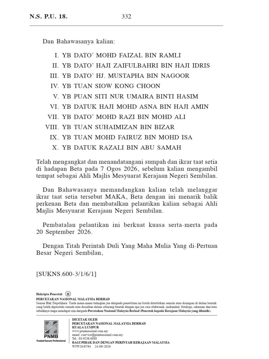 FaktaBukanAuta's tweet photo. Siapa² tak pernah tengok Warta Kerajaan ini dia contohnya - risalah rasmi oleh Kerajaan utk membuat pengumuman penting yg telah disahkan.

Makna kata EXCO Nismilan mencipta sejarah sebagai lantikan tersingkat dan gaji Sept dikira prorate. https://t.co/seUi6gFYr2