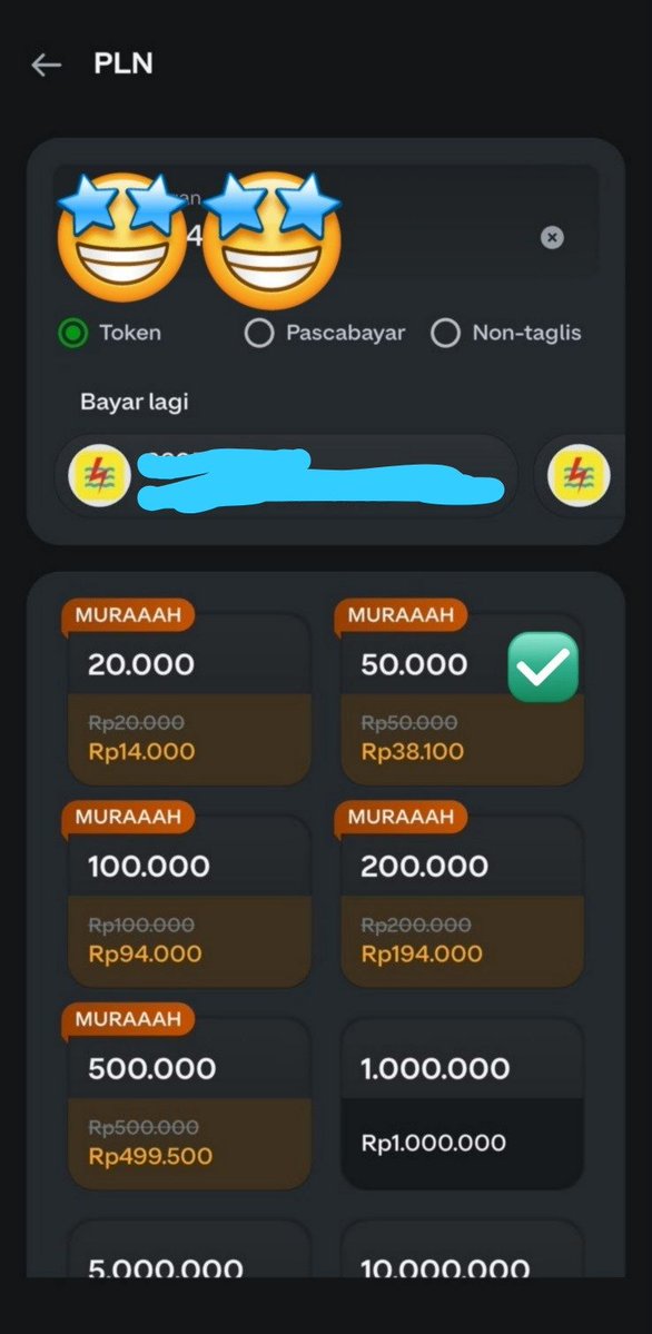 oncyby5's tweet photo. tadi mau isi token PLN, ternyata di gopay lagi ada promo 😭 50rb cuma bayar 40rb, udah termasuk admin juga. lumayan banget sih bisa hemat #DISKONPLNDIGOPAY https://t.co/Dzxbmwo3As