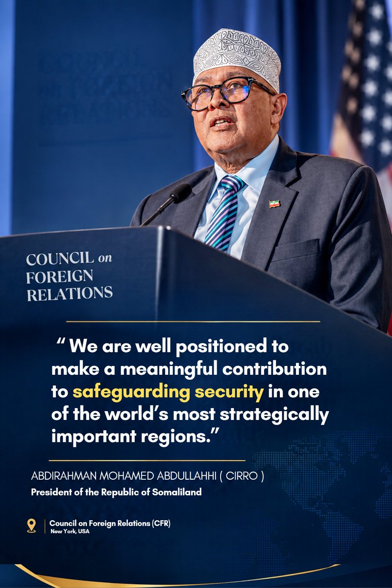 7oo7iii's tweet photo. @Abdirahmanirro @CFR_org The President of Somaliland, Abdirahman Mohamed Abdullahi (Cirro), speaking about Somaliland’s role and strategic importance in regional security during his address at the Council on Foreign Relations (CFR) in New York. https://t.co/y3pbL7zXu7