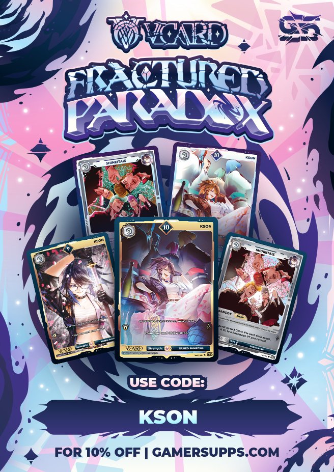 ksononair's tweet photo. It's almost here,VCard Set 4: Fractured Paradox is dropping very very SOON!!
✨9/26  4:00AM JST
✨Sep 25th 2:00PM CT

Booster Boxes and a variety of side items will be available on both US and EU stores!!
https://t.co/Gv0aZJlgnw

Vcard にkson総長が登場ォ！！明日の早朝に新パックが販売開始でぇえす！是非割引コードも使ってね！！
https://t.co/c0KTdcHDpG
Use code: KSON to save 10%!!