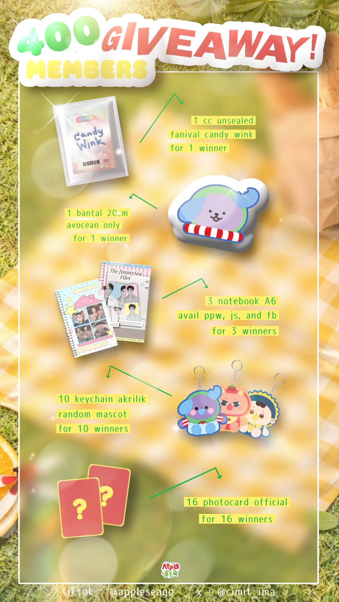 cimit_ima's tweet photo. halo teman-temannn 👋👀 applesea udah nyentuh 400 member nih! buat ngerayain, kita adain giveaway kecil kecilan dengan hadiah yang lumayan banget!  syaratnya gampang, pemenang dipilih lewat spin. yang udah memenuhi snk, langsung isi bukti di gform yaa
https://t.co/uNlRvgyeHo https://t.co/lLsEbcjanv