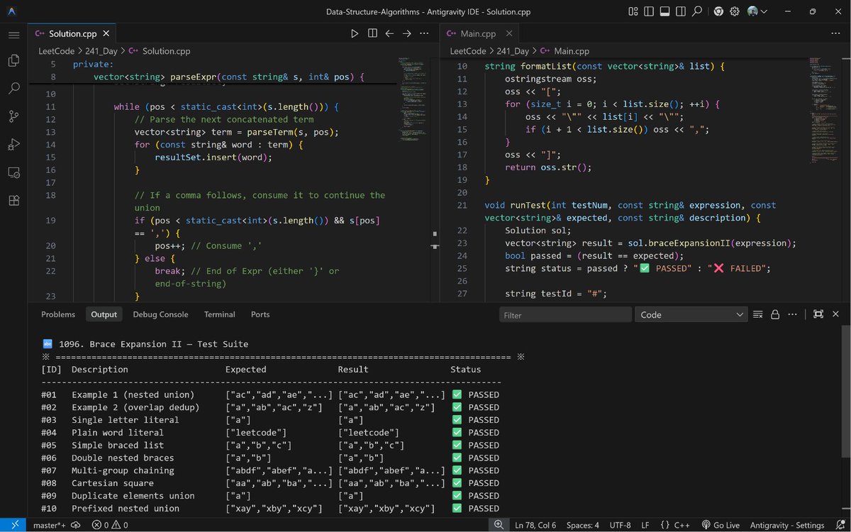 PankajB42550's tweet photo. 🚀 #Day 241/100 – 241_Day: Brace Expansion II (@LeetCode 1096)
💡Key: Recursive descent parser over a CFG. Braces = grouping, concat = ×, comma = ∪. std::set handles dedup + sort.
⌛ O(2^L · L) | O(2^L · L)
#100DaysOfCode #DSA #Recursion #Grammar #DAY241 https://t.co/pn7Vc4tX15