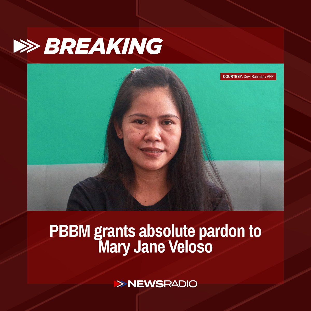 NewsRadioPH's tweet photo. BREAKING NEWS: President Ferdinand Marcos Jr. signs the absolute pardon for drug convict Mary Jane Veloso, effectively ending her legal battles and setting her free following a drug conviction in Indonesia. https://t.co/yh6j1IDscr