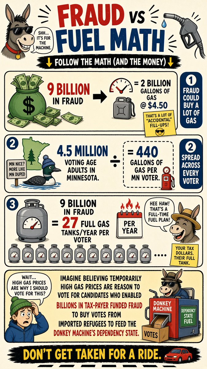 EarnanDuguid's tweet photo. Fraud vs Fuel Math ⬇️

9 billion in fraud = 2 billion gallons of gas @ $4.50.

4.5 million voting age adults in Minnesota. 

9 billion in fraud = 440 gallons of gas per MN voter.  

Average vehicle gas tank size = 16 gallona. 

9 billion in fraud = 27 full gas tanks/year per MN voter.

Imagine believing temporarily high gas prices under @realDonaldTrump are a valid reason to vote for candidates like Peggy Flanagan and Keith Ellison who appear to have enabled billions in tax-payer funded fraud to buy votes from imported refugees to feed the MN Donkey Machine’s ongoing state of disorder and dependency.

*Image credit: Prompted @Grok to imagine an infographic using some of the copy (above) and to add some humor to it.

Also, high gas prices totally suck BUT enabling billions to be stolen from MN taxpayers is CRIMINAL.

PS - release the tweets @GrageDustin 
#MNFraud #MNDonkeyMachine #DisorderoftheVillains