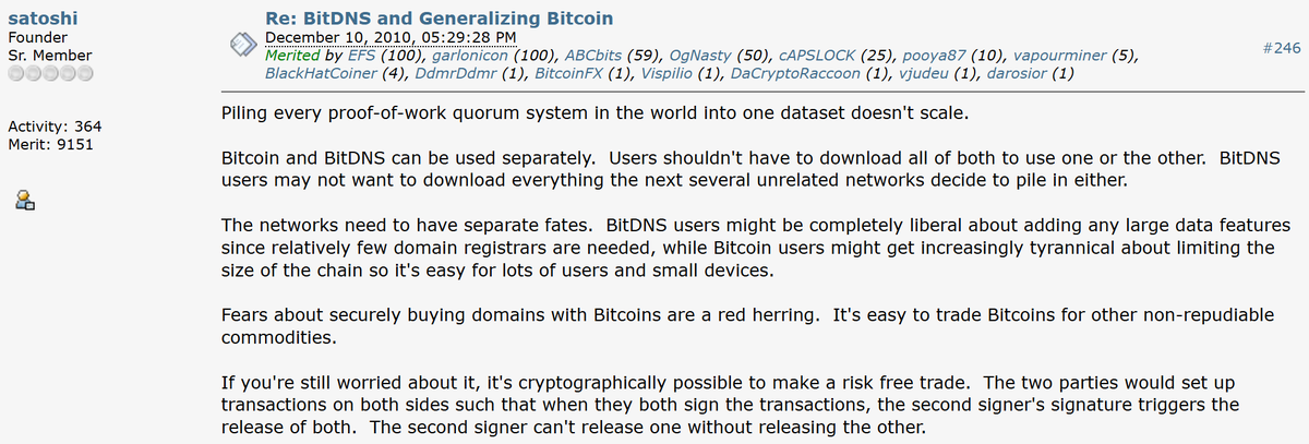bitname_'s tweet photo. It would be totally undesirable to tack names onto Bitcoin.

If the thought is to have the names reside in some layer two, the problem is it places an undue burden on registrars/resolvers who only care about the names.  Registrars would have to run full nodes of BOTH the L2 and L1 Bitcoin to ensure the correct money supply but if they chose Namecoin then they'd be able to validate both name and UTXO sets with a very lean 6.5Gb blockchain.

If you're interested in reading more about my thoughts around this, I've produced a "greenpaper" for what I believe is an inevitability here: https://t.co/sYiLW2DIZF