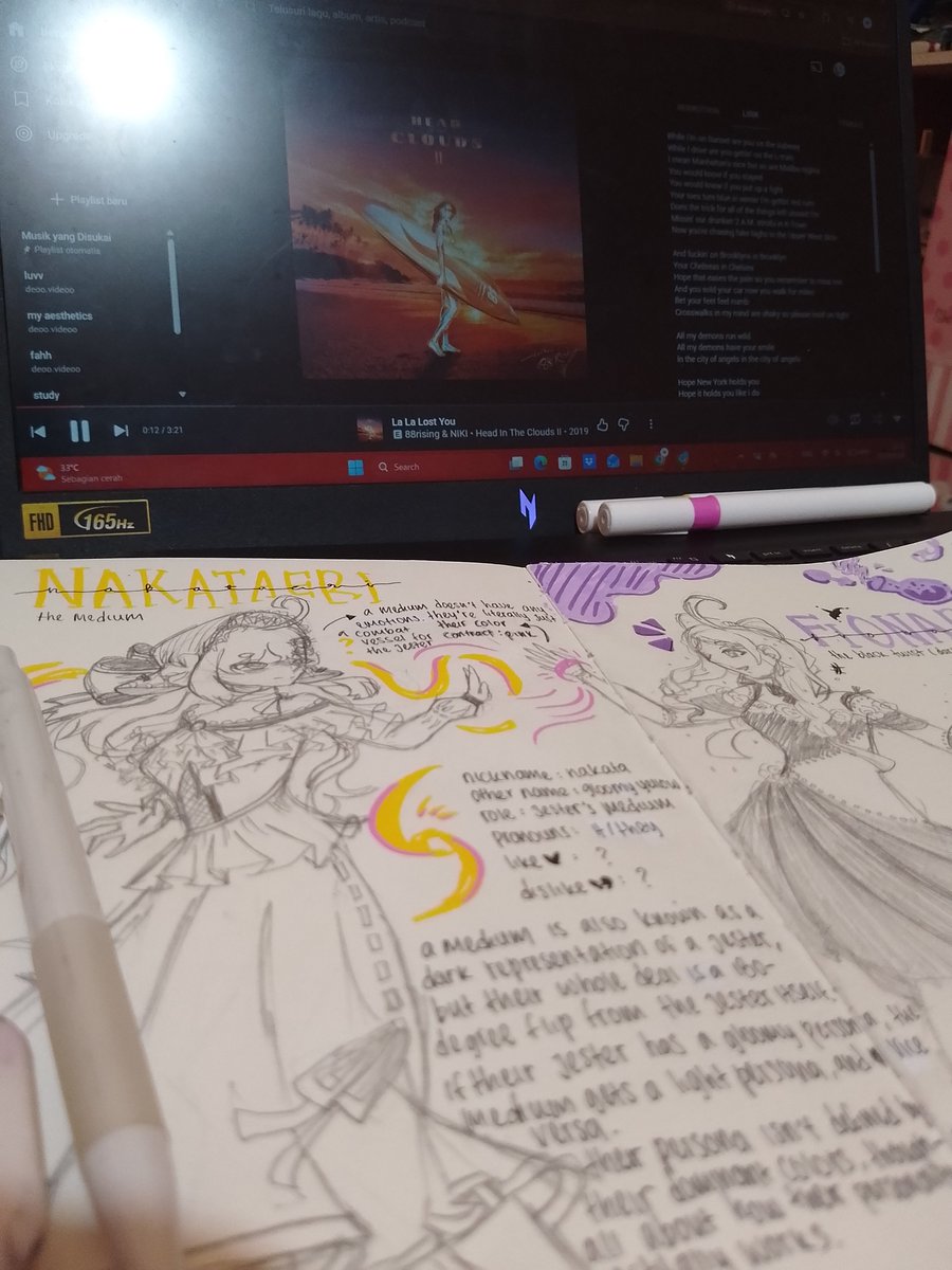 phypyonakata's tweet photo. The Dark Jester (Fionara) &amp; The Medium (Nakata). 🎭✨

Sketchbook spread with gothic couture &amp; lore! Purple Plague x Gloomy Yellow. A medium's persona flips 180° from their jester. 💜💛

#conceptart #characterdesign #sketchbook #gothicfashion #RPGart #OC #arttwi https://t.co/qB4QzZXo4F