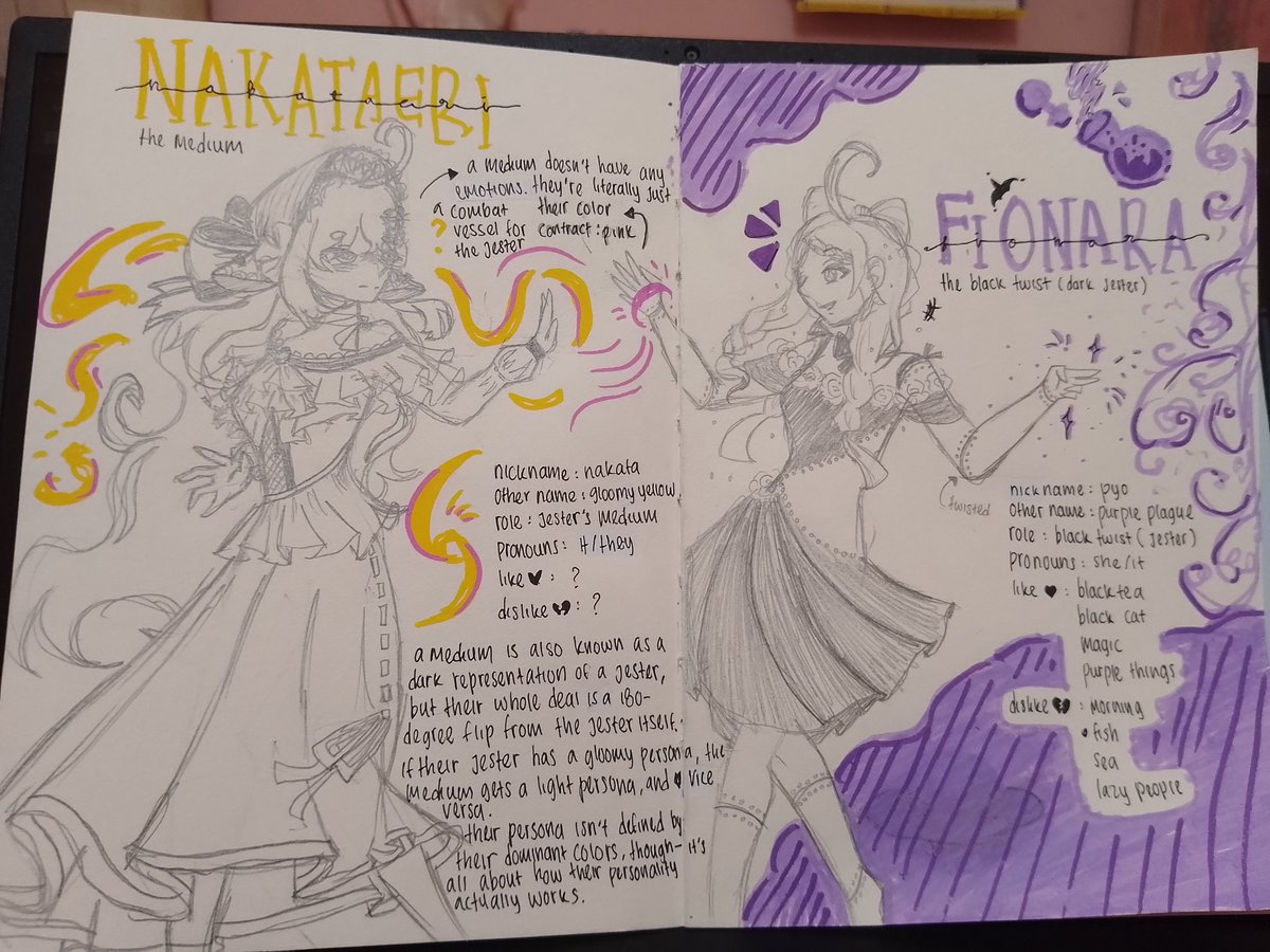 phypyonakata's tweet photo. The Dark Jester (Fionara) &amp; The Medium (Nakata). 🎭✨

Sketchbook spread with gothic couture &amp; lore! Purple Plague x Gloomy Yellow. A medium's persona flips 180° from their jester. 💜💛

#conceptart #characterdesign #sketchbook #gothicfashion #RPGart #OC #arttwi https://t.co/qB4QzZXo4F