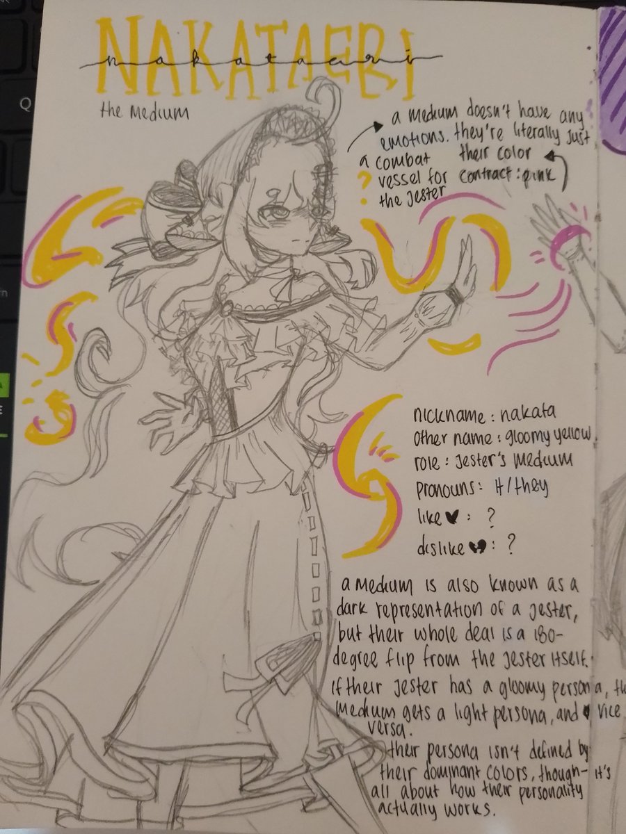 phypyonakata's tweet photo. The Dark Jester (Fionara) &amp; The Medium (Nakata). 🎭✨

Sketchbook spread with gothic couture &amp; lore! Purple Plague x Gloomy Yellow. A medium's persona flips 180° from their jester. 💜💛

#conceptart #characterdesign #sketchbook #gothicfashion #RPGart #OC #arttwi https://t.co/qB4QzZXo4F