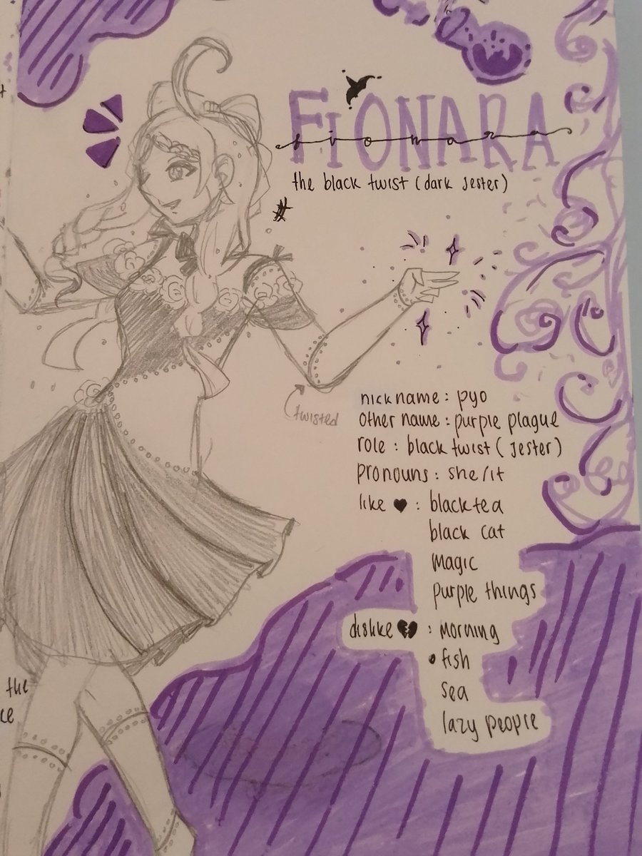 phypyonakata's tweet photo. The Dark Jester (Fionara) &amp; The Medium (Nakata). 🎭✨

Sketchbook spread with gothic couture &amp; lore! Purple Plague x Gloomy Yellow. A medium's persona flips 180° from their jester. 💜💛

#conceptart #characterdesign #sketchbook #gothicfashion #RPGart #OC #arttwi https://t.co/qB4QzZXo4F