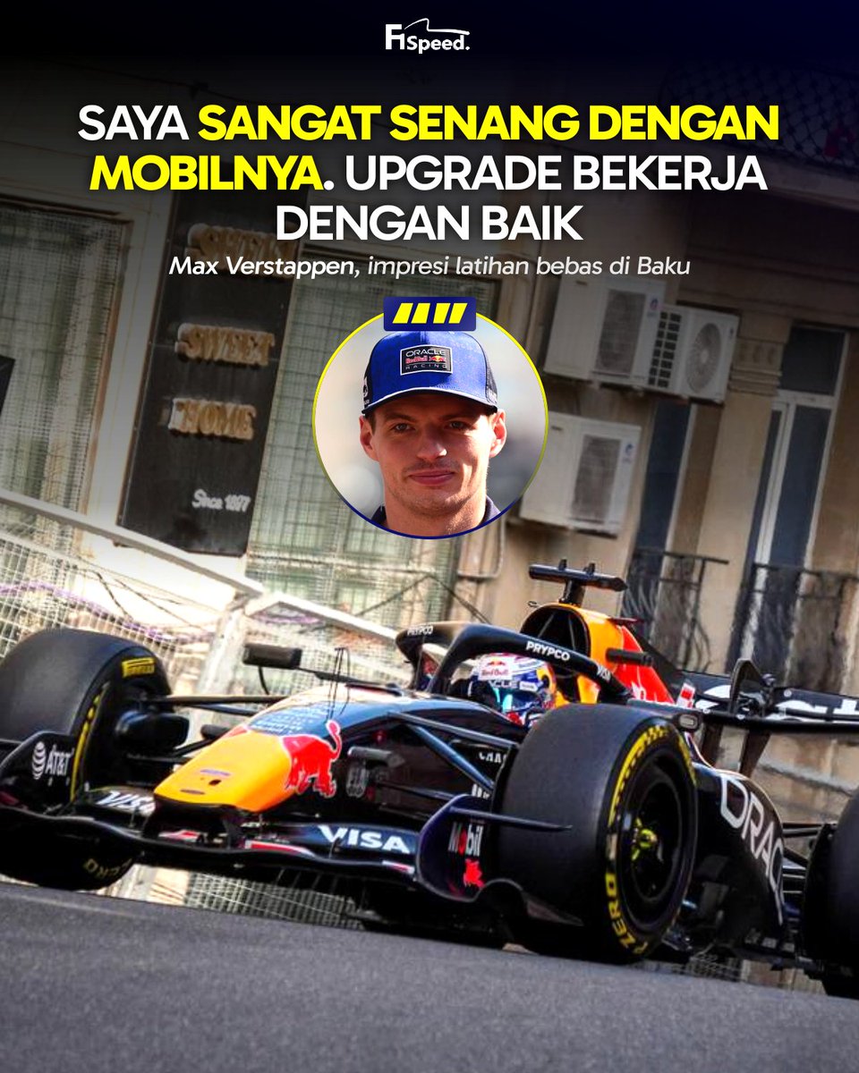 f1speed_indo's tweet photo. 🚨 Selesaikan kedua sesi latihan bebas pembuka di posisi tiga besar, Max Verstappen mengaku sangat senang dengan performa awal mobilnya di Baku.

Ia mengatakan kalau upgrade yang diberikan ke RB22 berjalan dengan baik. Verstappen merasa ia bisa bersaing di barisan depan dan hanya perlu menemukan beberapa optimalisasi supaya lebih kompetitif, terutama di sektor terakhir.

Red Bull meluncurkan lima upgrade di Baku: sidepod, floor body & diffuser, cooling exit, halo, dan spion. Namun yang jadi highlight adalah sidepod baru serta floor yang berfungsi memperkuat downforce & keseimbangan RB22 di tikungan pendek serta pengereman.