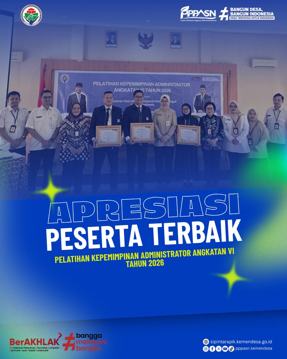 PPASN_Kemendes's tweet photo. ๐ Selamat kepada peserta terbaik PKA Angkatan VI Tahun 2026! Terus berprestasi dan menginspirasi. ๐ท
#PuslatASNKemendes
#KemendesPDT
#BangunDesaBangunIndonesia
#PelatihanKepemimpinanAdministrator
#PKA2026 https://t.co/4yD6sTrAjE