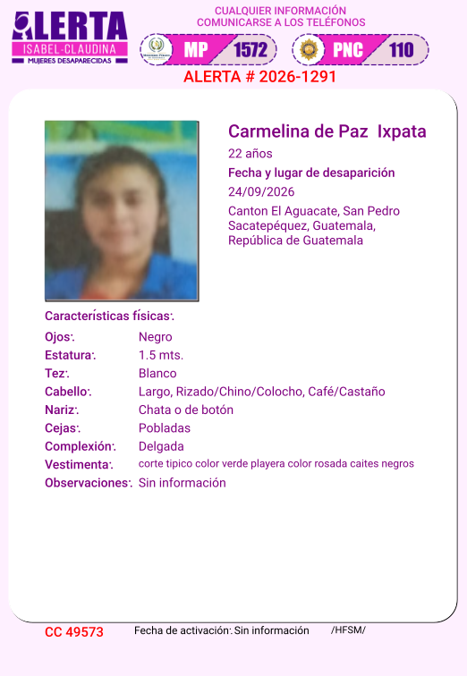 isabel_claudina's tweet photo. #AlertaIsabelClaudina
Ayúdenos a encontrar a
CARMELINA DE PAZ IXPATA
Cualquier información comunicarse al teléfono  1572
Gracias por difundir esta información https://t.co/aJBLZMC51a