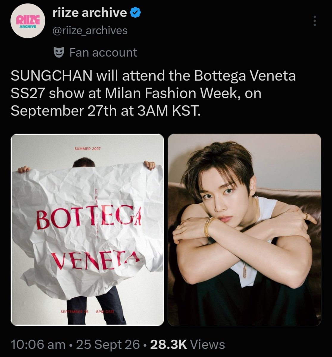 bunniebambie's tweet photo. ✅️ First solo Milan Fashion Week attendance 🆕️

from MC-ing to music to fashion, he's really getting to do everything this year. im so so happy and proud of you Sungchan 🧡

#BottegaVenetaSS27xSUNGCHAN  
#BottegaVenetaSS27 https://t.co/rRO4eXuJlf