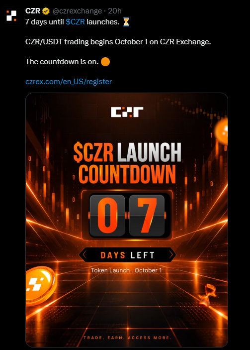 CriptoKaku68622's tweet photo. 6 days left.

$CZR Token Generation Event: October 1

• Spot trading goes live
• Staking tiers activate
• Genesis Airdrop rewards distribute

Built for the ecosystem, not just speculation.

Who’s ready for $CZR?

#CZRToken #CZR https://t.co/O5btrI1W5m