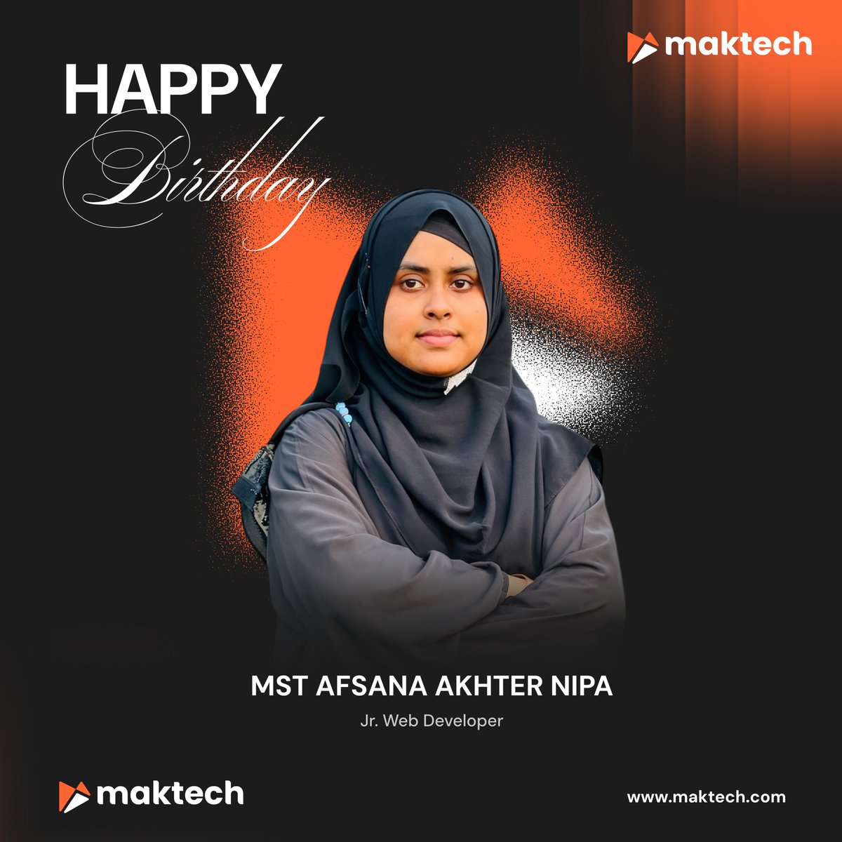 maktechgroup's tweet photo. Wishing a very Happy Birthday to Mst Afsana Akhter Nipa, our Jr. Web Developer! 🥳🎂

Hope your day is filled with happiness and wonderful moments. Wishing you a year ahead full of growth, success &amp; new opportunities! 

Happy Birthday, Afsana! ❤️

#maktech #HappyBirthday #Team https://t.co/R4UYtSqRBq