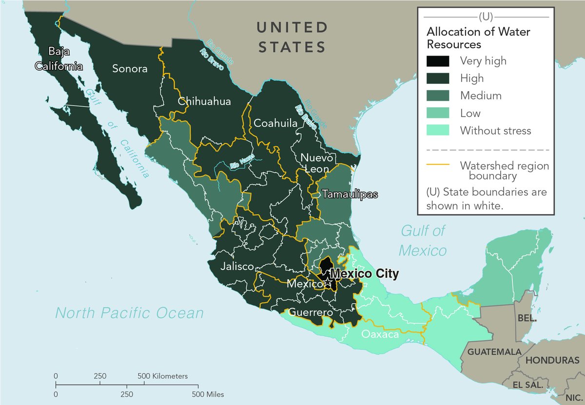 BrilliantMaps's tweet photo. Declassified Mexico Water Allocation Map Created By The CIA

This CIA-produced map of Mexico’s water allocation highlights the growing imbalance between water supply and demand across the country.

Using watershed regions rather than state borders, the map categorizes areas by levels of water stress, ranging from “without stress” in the wetter southeast to “very high” stress across much of northern and central Mexico.

The darkest regions including Baja California, Sonora, Chihuahua, Nuevo León, and the Mexico City region, represent areas where water resources are heavily overallocated, meaning consumption is approaching or exceeding sustainable supply.

The map reflects one of Mexico’s defining geographic challenges: population and industry are concentrated in some of the driest parts of the country.

Northern Mexico contains major manufacturing centers, irrigated agriculture, and rapidly growing border cities tied closely to the US economy, while central Mexico includes the enormous urban concentration around Mexico City.

At the same time, southern states such as Oaxaca and the Yucatán Peninsula receive far greater rainfall and face comparatively lower stress levels. This uneven distribution has long shaped Mexican economic development, migration, and infrastructure policy.

The map remains highly relevant today because water scarcity has become one of North America’s most serious environmental and political issues.

Prolonged droughts, climate change, aquifer depletion, and disputes over the Rio Grande and Colorado River systems have intensified tensions between Mexican states, agricultural users, cities, and the United States.

Major urban areas, including Monterrey and Mexico City, have experienced severe water shortages in recent years, bringing national attention to aging infrastructure and unsustainable groundwater extraction.

Visually, the map demonstrates the CIA’s interest in environmental pressures as national security concerns.

Rather than focusing purely on climate or rainfall, it emphasizes allocation stress, the relationship between available resources and human demand.

In doing so, it presents water scarcity not simply as an environmental issue, but as a driver of economic instability, migration pressures, agricultural vulnerability, and regional political tension across Mexico and the broader US–Mexico border region.

More Declassified 2010s CIA Maps: https://t.co/tQzthLEnuD