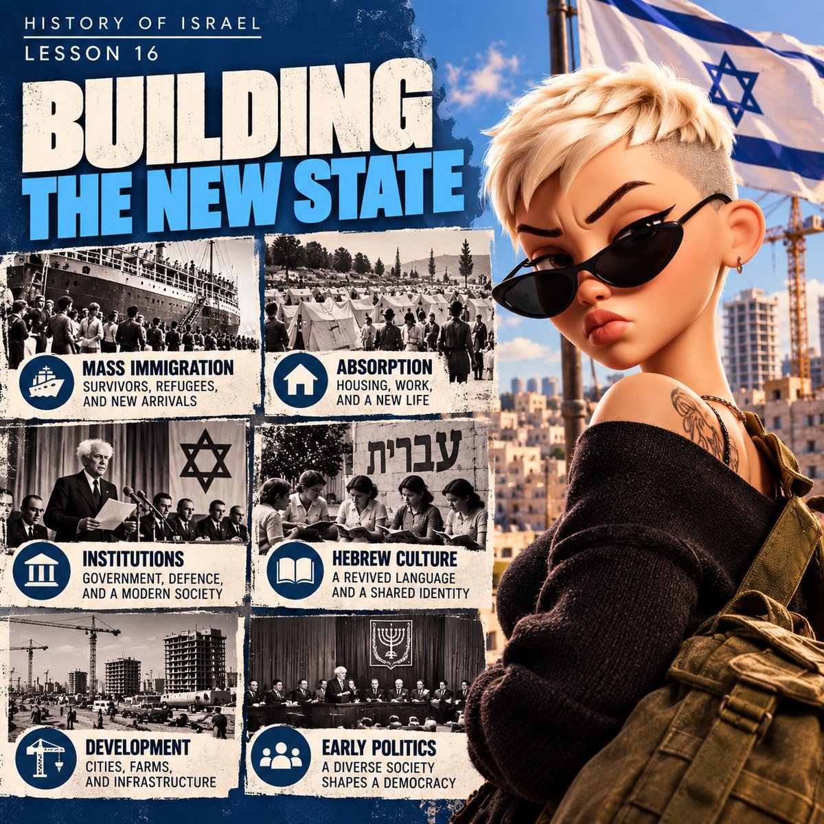 DEREKHOR613's tweet photo. A new country had to become a functioning state—fast. 

Mass immigration, housing, institutions, Hebrew culture and rapid development helped shape Israel’s early years.

#HistoryOfIsrael #IsraelHistory #JewishHistory #Israel #History https://t.co/bjr0HIIyYp