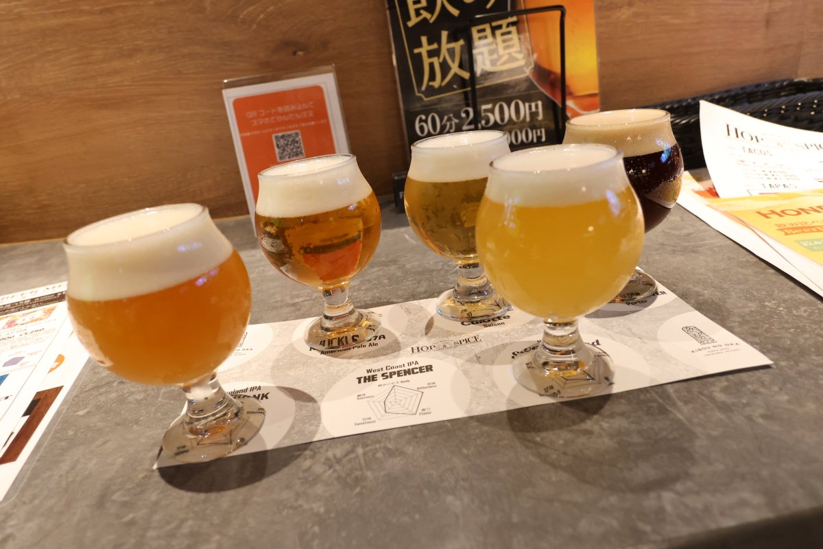 buramachiaruki's tweet photo. エスパル地下に希望の丘醸造所さんのクラフトビールが飲めるところがあったなんて知りませんでした😳
飲み比べ5種に追加でカワタビコールドIPAを頂きました🍻牛タン唐揚げも美味でした✨
#希望の丘醸造所 #HOPSPICE #利休 #仙台駅 #エスパル #仙台市 https://t.co/ICyKGxHQEj