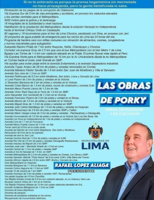 CQuequesana's tweet photo. Marcaré @Renovacion_Peru de @rlopezaliaga1 para que continúe esta tendencia de obras, más obras, y no tanto cálculo político y rumiantes planificaciones. Lima necesita acción, necesita a su Chancho.
#Eleições2026 #limaperu #porky https://t.co/4BbGVnVI0p