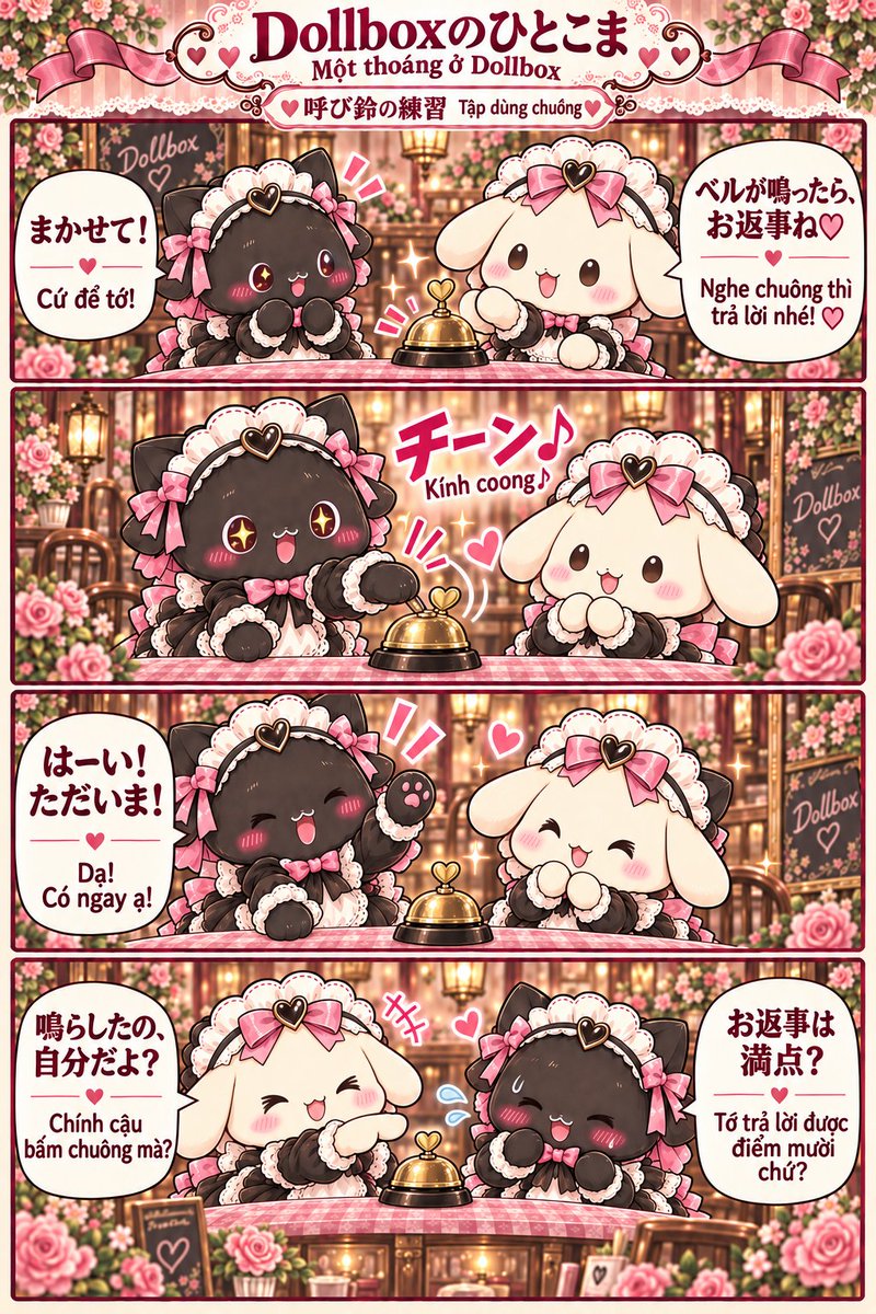 000daidai000's tweet photo. 自分で鳴らして、自分でお返事🔔 お返事だけは満点!🎀
Tự bấm chuông, tự trả lời. Nhiệt tình được điểm mười! ♡
#Dollbox #コンカフェ #メイドカフェ #4コマ漫画 #TruyenTranh https://t.co/rhBnvB77Il