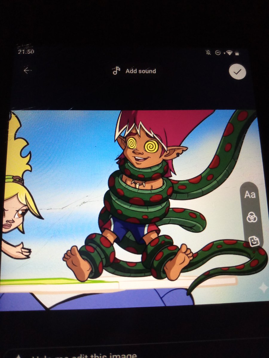 OzzyZapp24751's tweet photo. @MartinezEr43977 hypnotized by the red snake with green pattern spots name uses his Long body tail coils to wrap around his neck body and legs while he's hypnotized yellow swirly eyes and barefoot squeezing him giving him a hug because he likes him Mooney surfer from Trollz cartoon https://t.co/c5dUUouOl1
