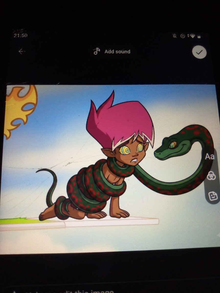 OzzyZapp24751's tweet photo. @MartinezEr43977 hypnotized by the red snake with green pattern spots name uses his Long body tail coils to wrap around his neck body and legs while he's hypnotized yellow swirly eyes and barefoot squeezing him giving him a hug because he likes him Mooney surfer from Trollz cartoon https://t.co/c5dUUouOl1
