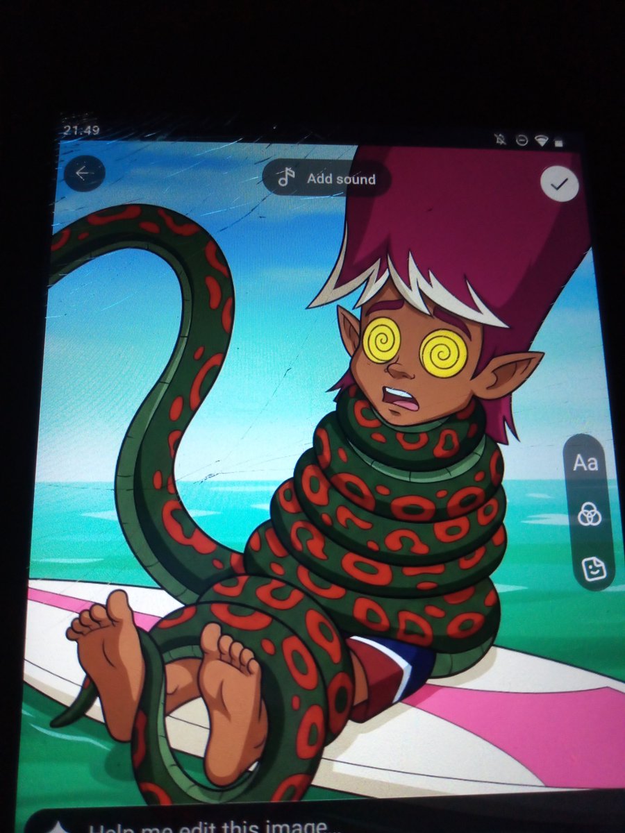 OzzyZapp24751's tweet photo. @MartinezEr43977 hypnotized by the red snake with green pattern spots name uses his Long body tail coils to wrap around his neck body and legs while he's hypnotized yellow swirly eyes and barefoot squeezing him giving him a hug because he likes him Mooney surfer from Trollz cartoon https://t.co/c5dUUouOl1
