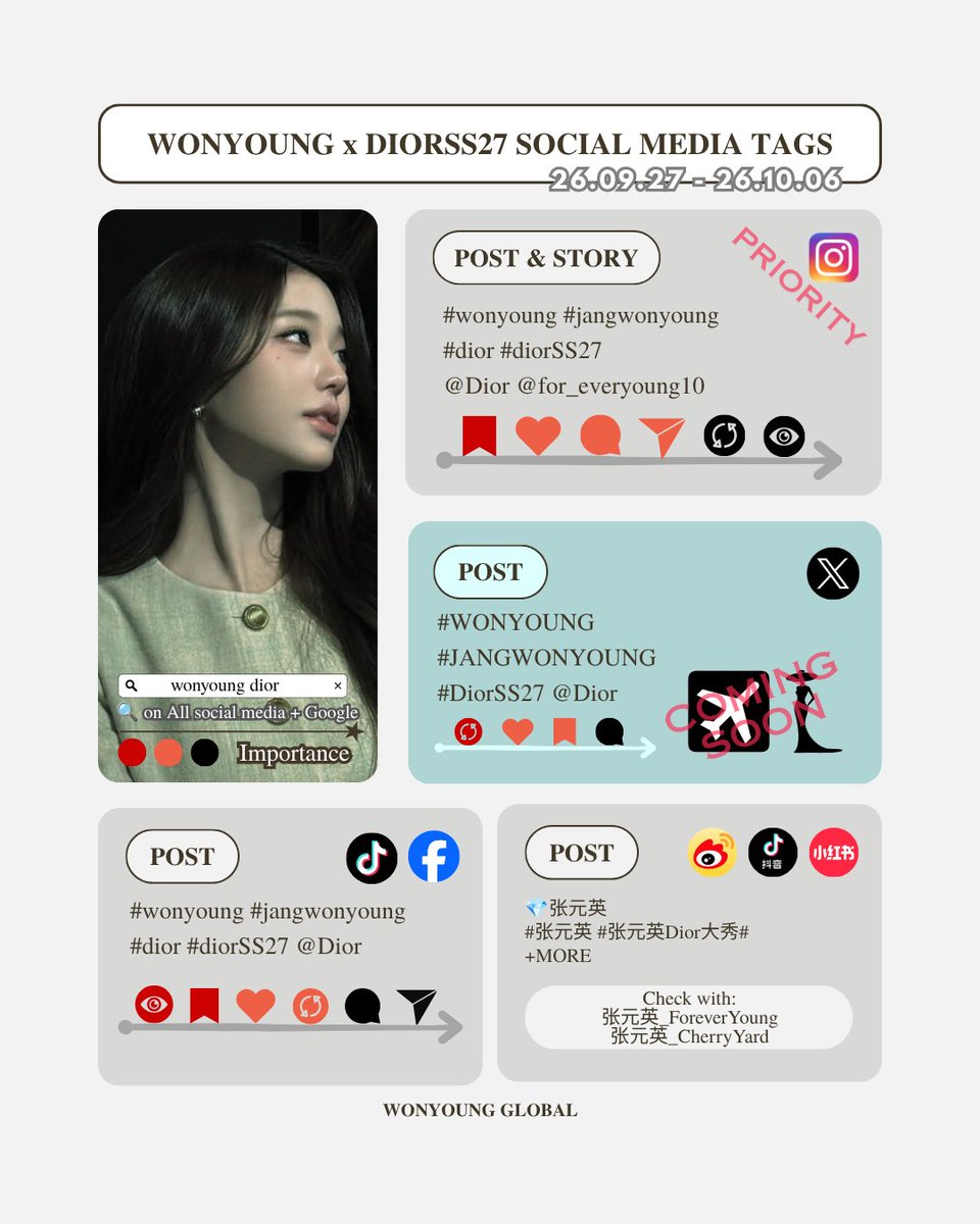 WonyoungGlobal's tweet photo. 💡[INFO] Wonyoung’s Paris Fashion Week hashtag event announcement | SS27 Part 1

📅 26.09.27 - 26.10.06 CEST (00:00)
📌 EMV, MIV, SOV Tracking Focus

- Search "wonyoung dior"
- Engagement Priority in SOCIAL MEDIA TAGS

#WONYOUNG
#JANGWONYOUNG
#DiorSS27 @Dior https://t.co/N0V3nB6D2B