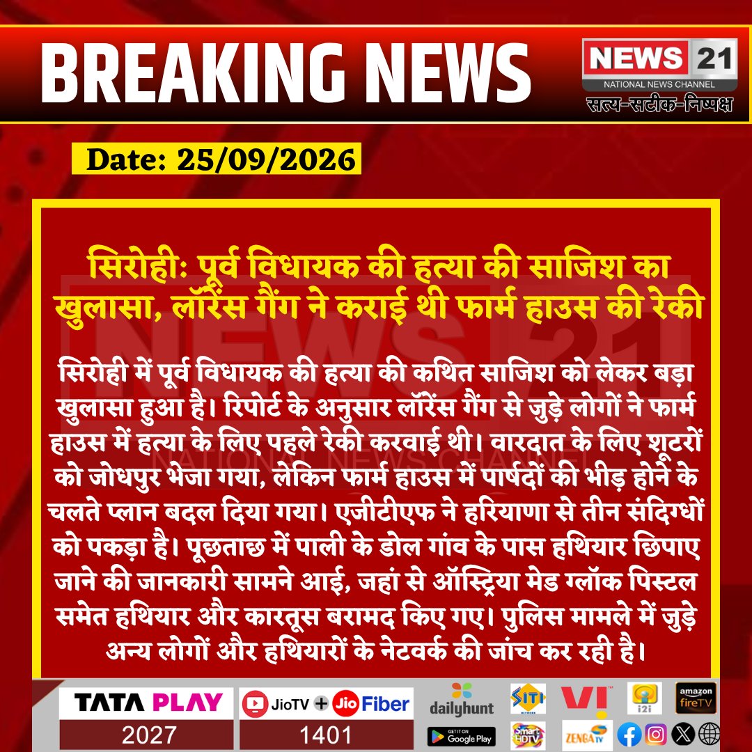 news21national's tweet photo. सिरोही: पूर्व विधायक की हत्या की साजिश का खुलासा, लॉरेंस गैंग ने कराई थी फार्म हाउस की रेकी
#Sirohi #Rajasthan #LawrenceGang #CrimeNews #MurderPlot #PoliceAction #AGTF #Jodhpur #Pali #GlockPistol #ArmsRecovery #BreakingNews #LatestNews #HindiNews #News21 #News21National @SirohiPolice @PoliceRajasthan