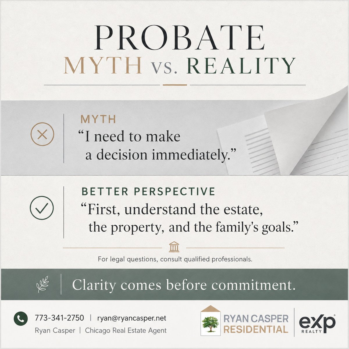 ryanleecasper's tweet photo. Probate sale? Don't rush.

Myth: "I need to decide now."
Reality: Clarity comes before commitment.

First understand the estate, property &amp; family goals, then decide.

Need help in Chicago? Let's connect.

773-341-2750

#RealEstateAgentsInChicagoIllinois https://t.co/jjUv87fxRa
