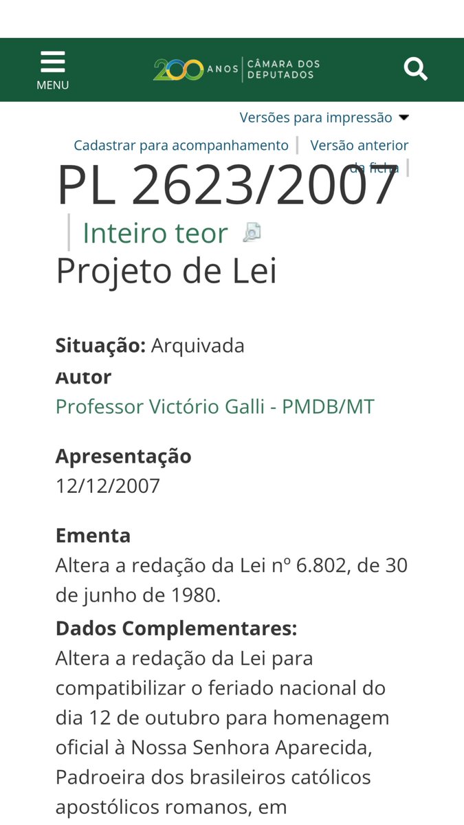 rogeriotomazjr's tweet photo. 🔴🔴🔴
SIM, o projeto de lei para tirar de Nossa Senhora Aparecida o título de Padroeira do Brasil EXISTE e foi apresentado por um deputado muito próximo à família Bolsonaro.

PL 2623/2007, do deputado Professor Victório Galli (PMDB-MT), pastor evangélico que não foi reeleito em 2018 e ganhou cargo exatamente onde? No governo de Jair Bolsonaro.

O projeto de Galli estabelecia que Nossa Senhora Aparecida passasse a ser considerada apenas a “Padroeira dos brasileiros católicos apostólicos romanos”, em vez de ser "Padroeira do Brasil".

O projeto foi arquivado, mas (1) existem mecanismos para desarquivamento de projetos de lei, porém o projeto em questão não se enquadraria nas brechas previstas e (2) se eles apresentaram essa proposta uma vez, poderiam muito bem apresentar novamente, ESPECIALMENTE se vencerem a eleição presidencial e se sentirem empoderados, sobretudo no campo evangélico.
+