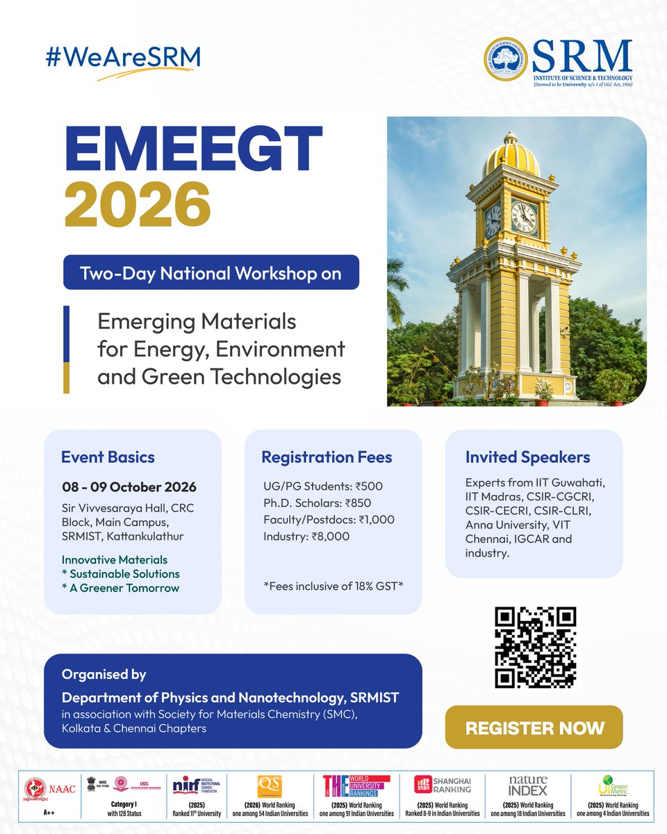 SRM_Univ's tweet photo. EMEEGT 2026 explores emerging materials for energy, environment and green technologies, bringing researchers and experts together at SRMIST, Kattankulathur.
#SRMIST #EMEEGT2026 https://t.co/JtAoI39CNj
