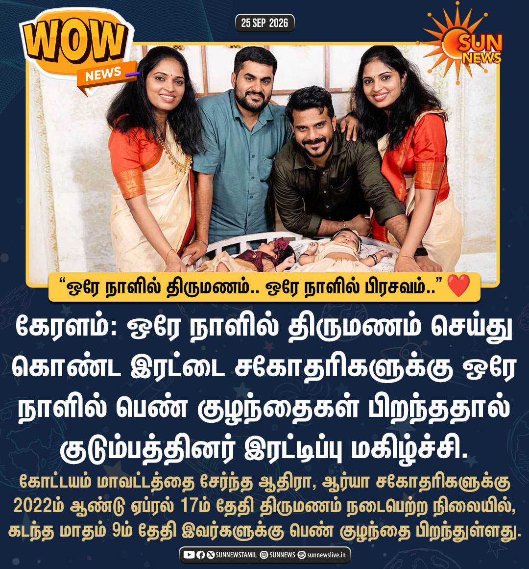 sunnewstamil's tweet photo. #WOWNews | கேரளம்: இரட்டை சகோதரிகளுக்கு ஒரே நாளில் திருமணம்.. ஒரே நாளில் பிரசவம்..

#SunNews | #Keralam | #Twinsisters https://t.co/hWdX8nyxZg