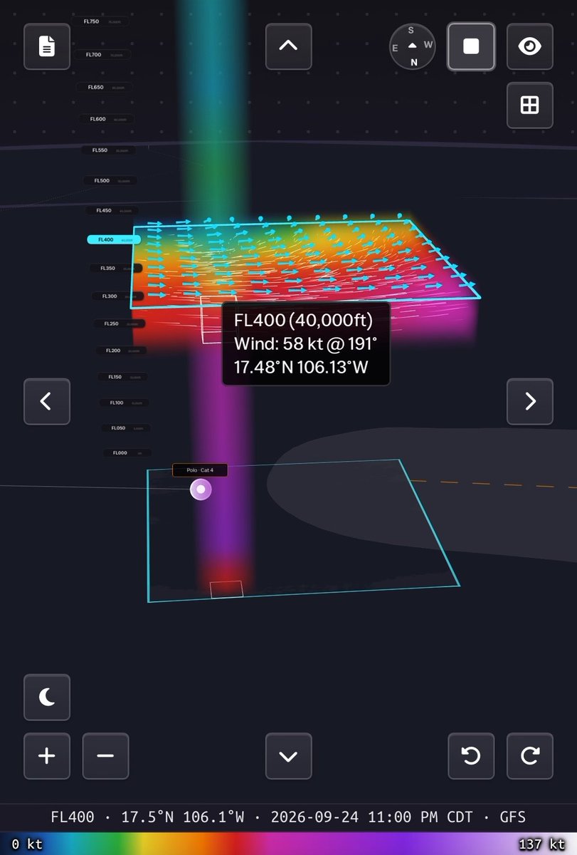 A weather visualization app showing wind data at FL400 (40,000ft) with winds at 58 kt @ 191° at coordinates 17.48°N 106.13°W, dated 2026-09-24 11:00 PM CDT using GFS data.