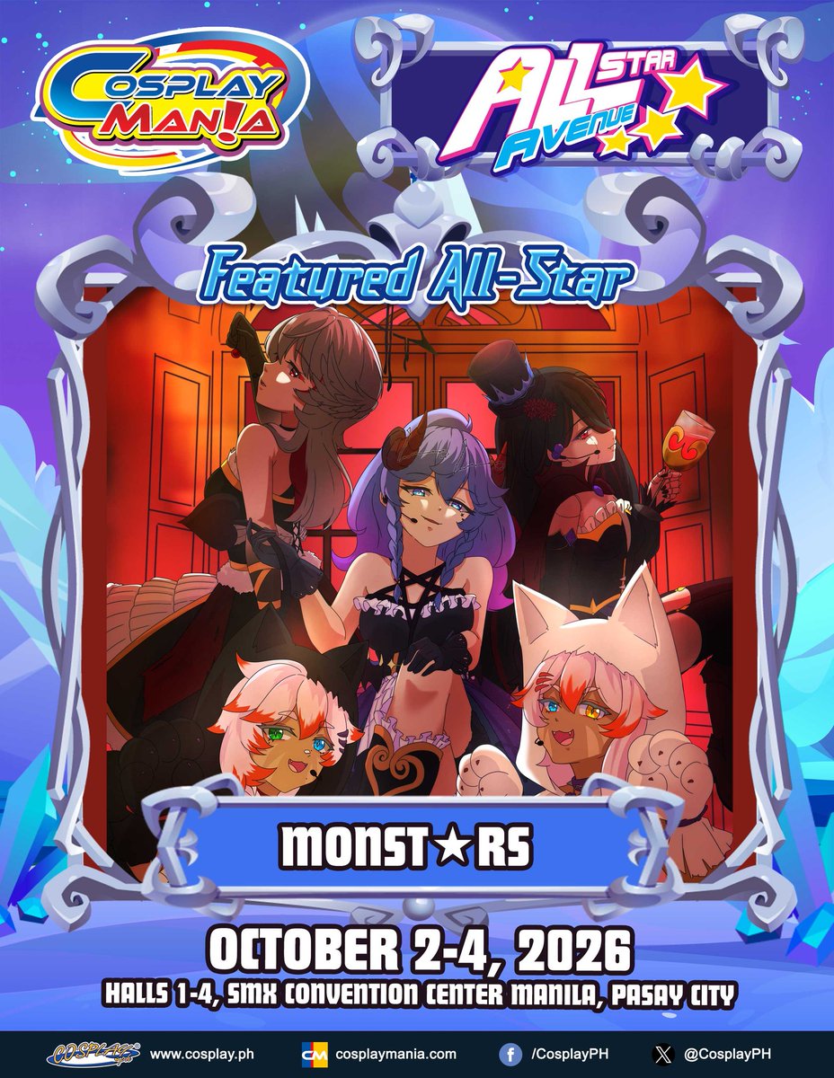 CosplayManiaPH's tweet photo. Catch more than 40 Amazing All-Stars in the biggest ever 🌟All-Star Avenue🌟 at Cosplay Mania 2026:💎Dazzling Diamond💎 featuring the gorgeous MONST★RS !

★ MONST★RS★
Welcome to MONST★RS! ★

Meet your favorite V-Idols with a hidden side to their captivating melodies!

Featuring CaspianLock, MazeVT, RussakiTama, RissakiTama, and Marika Kurenai, MONST★RS brings together five unique personalities, each with their own charm, talents, and mysterious side.

Whether you're here for music, entertainment, games, merch, or simply to meet your favorite V-Idol, there's always something waiting for you at the MONST★RS booth!

✨ Come say hello. Discover your favorite monster.
🖤 MONST★RS — Where every V-Idol has a hidden side. ★

Check out their socials below.
https://t.co/DmO3QIRSJ9

Tickets and other event information are available at https://t.co/UjGAF5sIA9

Be dazzled by the crown jewel of the P͓̽r͓̽i͓̽s͓̽m͓̽a͓̽ ͓̽S͓̽a͓̽g͓̽a͓̽: Cosplay Mania 2026:💎Dazzling Diamond💎 on October 2-4, 2026 in Halls 1-4 at the SMX Convention Center Manila, Pasay City!

#CosplayMania2026 #PrismaSaga #Cosmania2026 #cosplay #cosplayph #MONST★RS #MazeVT #CaspianLock #MarikaKurenai #TamaTwins