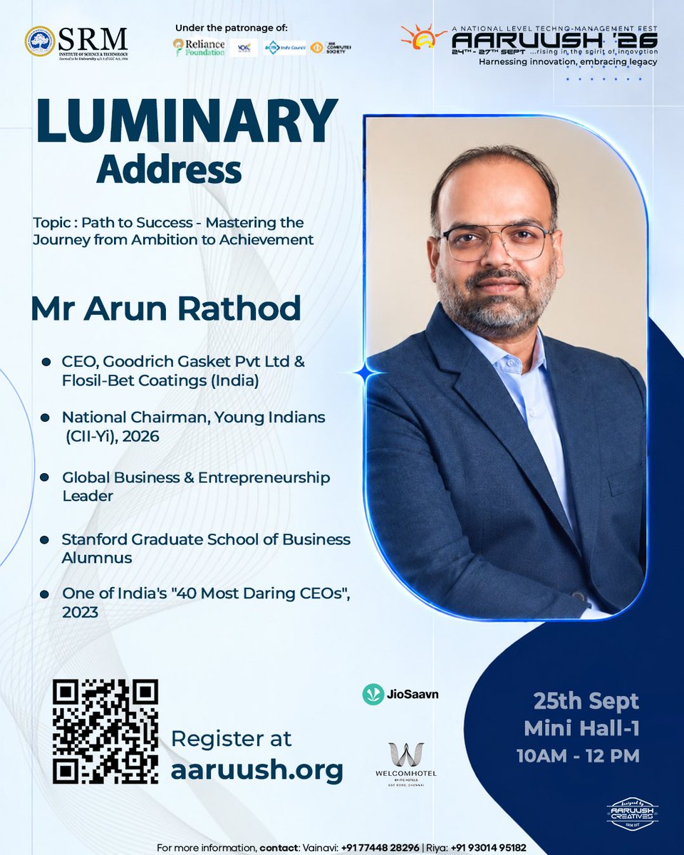 aaruushsrmist's tweet photo. From ambition to achievement. ✨
Join Mr Arun Rathod for the Luminary Address at Aaruush ’26 as he explores the path to success, leadership, and turning ambition into action.
25th Sept | 10 AM–12 PM
Mini Hall-1
#LuminaryAddress #Leadership #seeyouattheevent #Aaruush #SRMIST https://t.co/ta3ApOog33