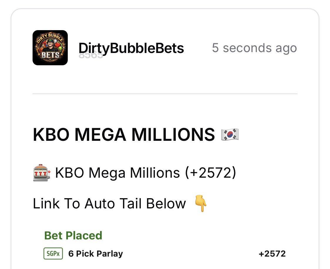 DirtyBubbleBets's tweet photo. KBO Mega Millions (+2572) 🇰🇷

This is how we all get RICH... 🪄

Sending it to 10 of you for FREE 💎

Like ❤️ + Repost ♻️ + Comment 💬

50% off all VIP Packages (25 Spots) 👇

https://t.co/m3QVrGWrIn https://t.co/NCNTwHyYqe