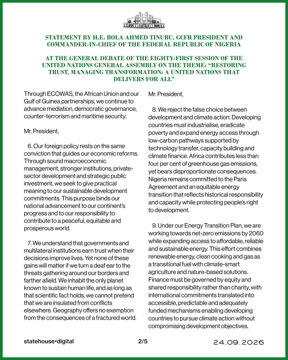 NigeriaGov's tweet photo. STATEMENT BY H.E. BOLA AHMED TINUBU, GCFR PRESIDENT AND COMMANDER-IN-CHIEF OF THE FEDERAL REPUBLIC OF NIGERIA, AT THE GENERAL DEBATE OF THE EIGHTY-FIRST SESSION OF THE UNITED NATIONS GENERAL ASSEMBLY ON THE THEME: “RESTORING TRUST, MANAGING TRANSFORMATION: A UNITED NATIONS THAT DELIVERS FOR ALL.”