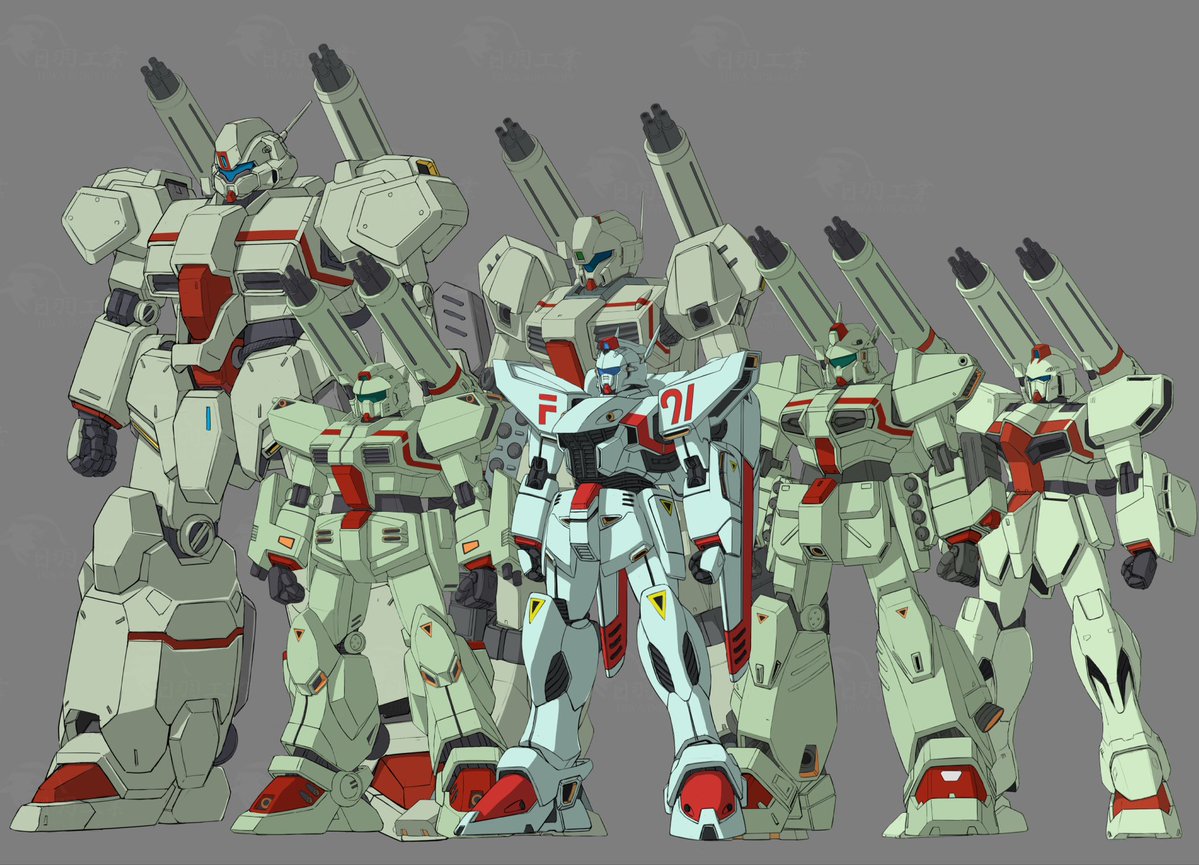 Sidehiwinder's tweet photo. 量産型F91(後期生産型)(非実在)とマシンキャノンファイブ(1機を除き非実在)

(そういえばF91もバックキャノンとかあったな…)
(キャノンガンダムとかガンレイドもおるな…)
(ジャベリンキャノンも装備してたしみんなマシンキャノン好きやな…) https://t.co/uxnNfqu5W5