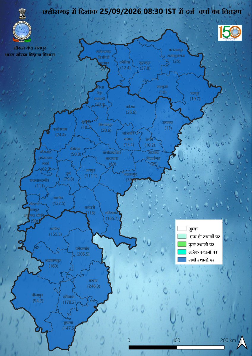 CentreRaipur's tweet photo. Realised average rainfall and its distribution over Chhattisgarh Region in last 24hrs on date 25.09.2026(TILL 0830 IST) पिछले २४ घंटे के दौरान छत्तीसगढ़ क्षेत्र में दर्ज़ की गई औसत वर्षा तथा इसका वितरण (दिनांक 25.09.2026, 0830 IST तक)#WeatherReport #imdraipur #mausamvibhagalert https://t.co/cdvAGhdGgW