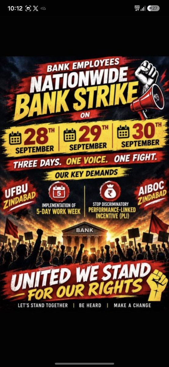 Abhisek_KumarD's tweet photo. @sanjaybpi A banker serving you today is fighting for a better banking system tomorrow.

The UFBU strike, 28–30 September, is not Banker vs Customer. It is about the dignity of those who keep the banking system running every single day.

#UFBU #BankerCustomerUnity #5DayBanking https://t.co/R4brlpz69f