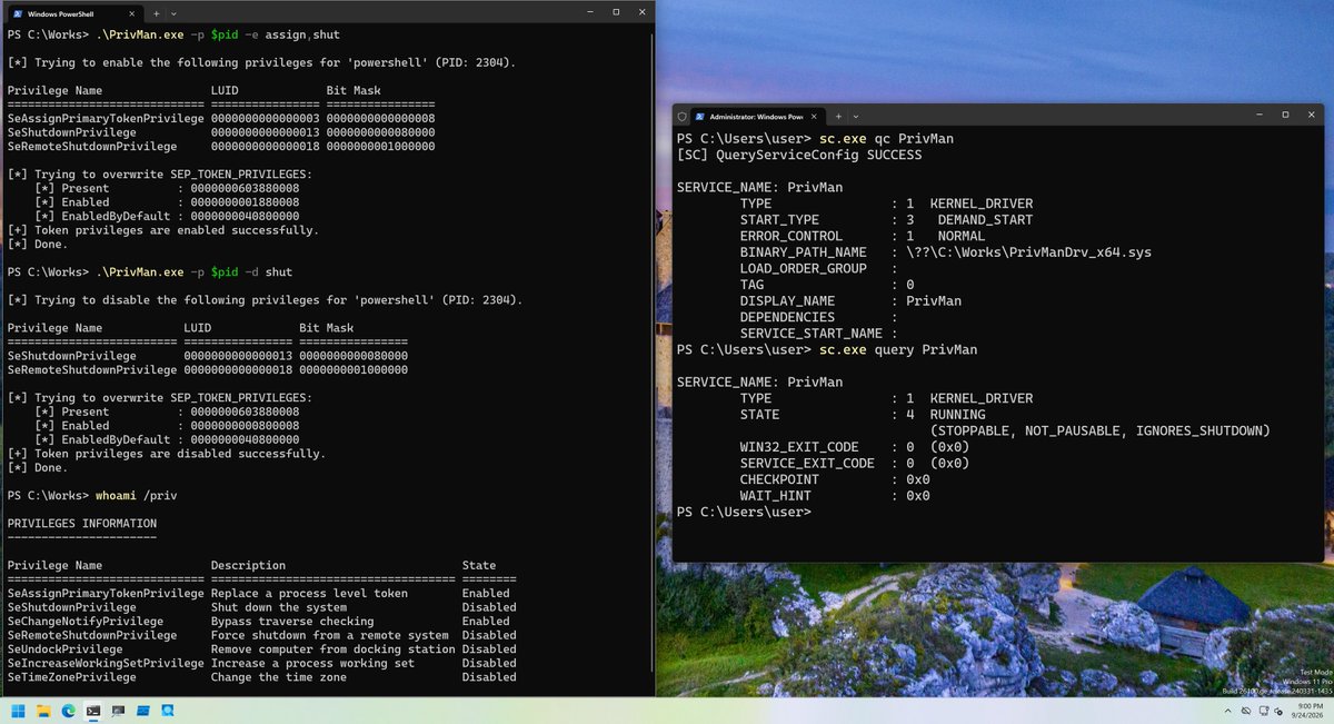 daem0nc0re's tweet photo. I wrote a tool to manipulate token privileges with kernel driver for token privileges investigation.
If you prefer kernel drivers over the kernel debugger, feel free to use them.

https://t.co/d9hVbmbFwA https://t.co/kfmIsfEllW