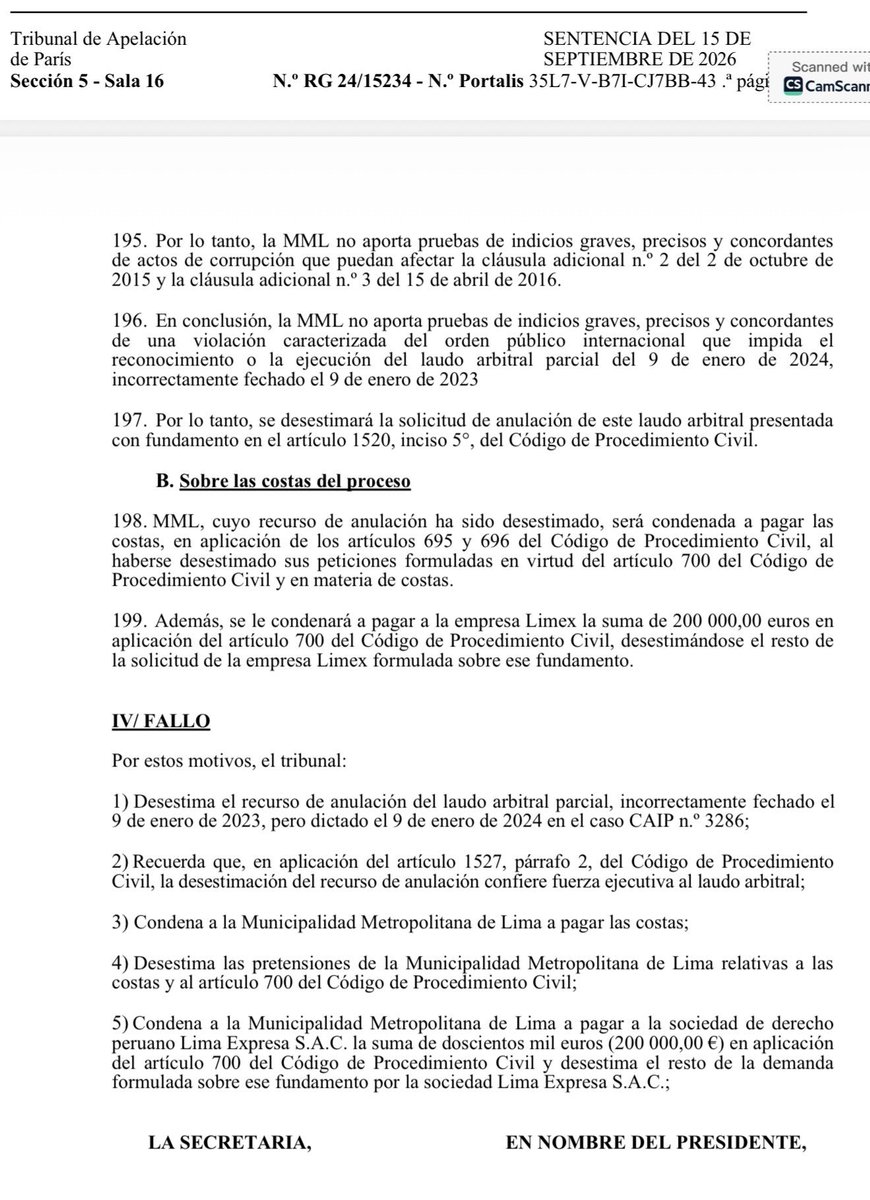 ArgosMozart's tweet photo. El Tribunal de Apelación de París (Francia) condena a la @MuniLima al pago de 200,000 euros por costas, desestimando la anulación de laudo arbitral. 
¡Enorme morrocoy que le metido el tribunal francés al estafador #RLA! https://t.co/RohdALzbIr