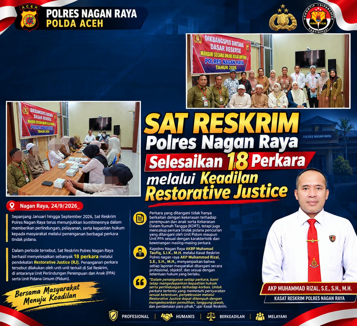 Humasnaganraya's tweet photo. Sepanjang Januari hingga September 2026 SAT RESKRIM Polres Nagan Raya Selesaikan 18 Perkara melalui Keadilan Restorative Justice https://t.co/WxClf0MoKT