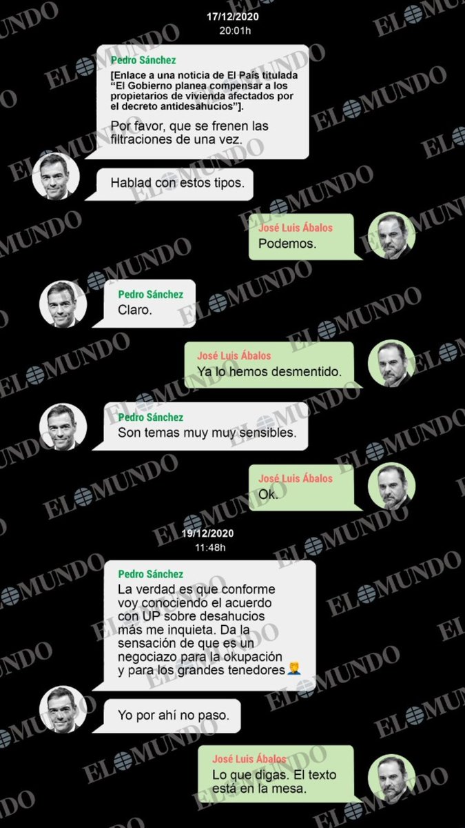 IamRGR1's tweet photo. Sánchez a Ábalos: «Necesito hablar contigo. ¿Has pactado desahucios con Iglesias? Me llegan cosas del acuerdo que habéis hecho muy preocupantes»
16/12/2020 https://t.co/SLmT0aQwrB