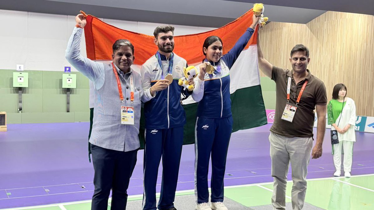 DeoKalikesh's tweet photo. From the range in Nagoya to every home in India — this one is ours.
Suruchi Singh and Kamaljeet take gold in the mixed 10m air pistol. Record broken.
Aishwary, Rudrankksh and Niraj bring silver in the men’s 50m team.
10 shooting medals already. The best is still ahead.
Proud of our shooters.
#KNSDeo #AsianGames2026 @mansukhmandviya @PMOIndia @IndiaSports @Media_SAI @OfficialNRAI @issf_official