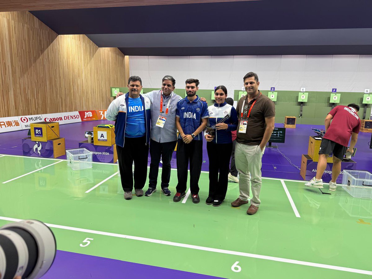 DeoKalikesh's tweet photo. From the range in Nagoya to every home in India — this one is ours.
Suruchi Singh and Kamaljeet take gold in the mixed 10m air pistol. Record broken.
Aishwary, Rudrankksh and Niraj bring silver in the men’s 50m team.
10 shooting medals already. The best is still ahead.
Proud of our shooters.
#KNSDeo #AsianGames2026 @mansukhmandviya @PMOIndia @IndiaSports @Media_SAI @OfficialNRAI @issf_official