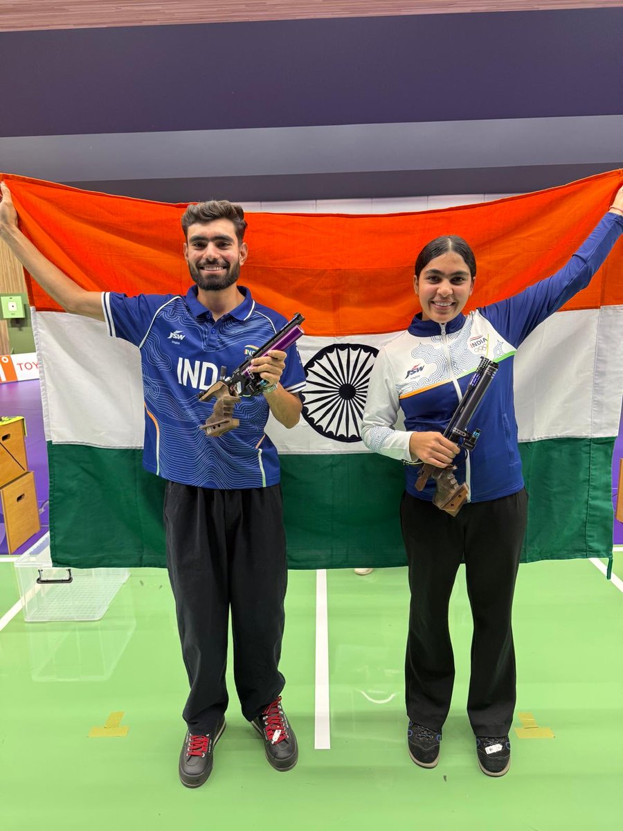 DeoKalikesh's tweet photo. From the range in Nagoya to every home in India — this one is ours.
Suruchi Singh and Kamaljeet take gold in the mixed 10m air pistol. Record broken.
Aishwary, Rudrankksh and Niraj bring silver in the men’s 50m team.
10 shooting medals already. The best is still ahead.
Proud of our shooters.
#KNSDeo #AsianGames2026 @mansukhmandviya @PMOIndia @IndiaSports @Media_SAI @OfficialNRAI @issf_official