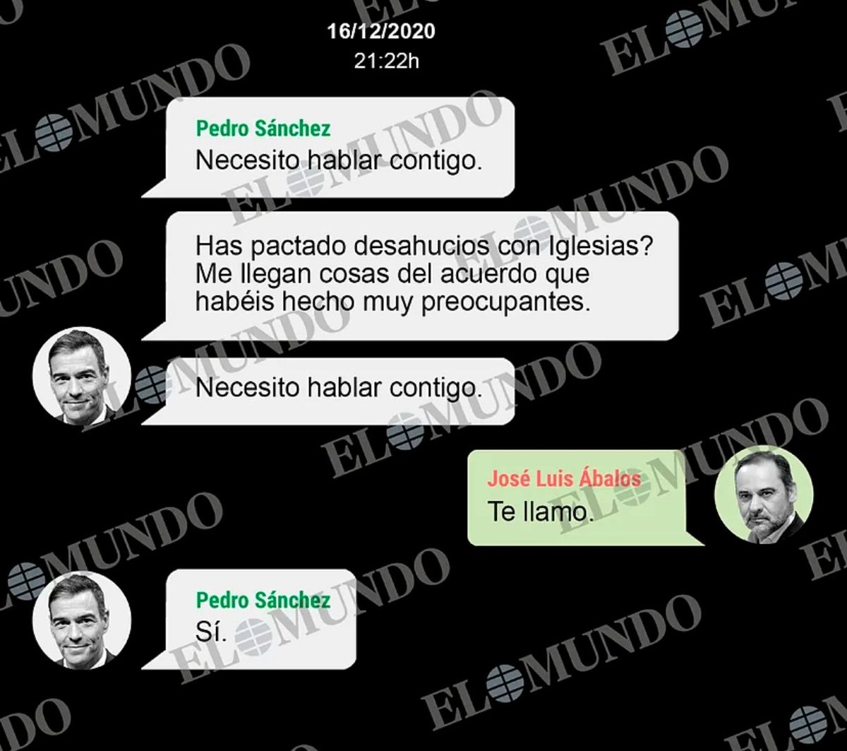 IamRGR1's tweet photo. Sánchez a Ábalos: «Necesito hablar contigo. ¿Has pactado desahucios con Iglesias? Me llegan cosas del acuerdo que habéis hecho muy preocupantes»
16/12/2020 https://t.co/SLmT0aQwrB